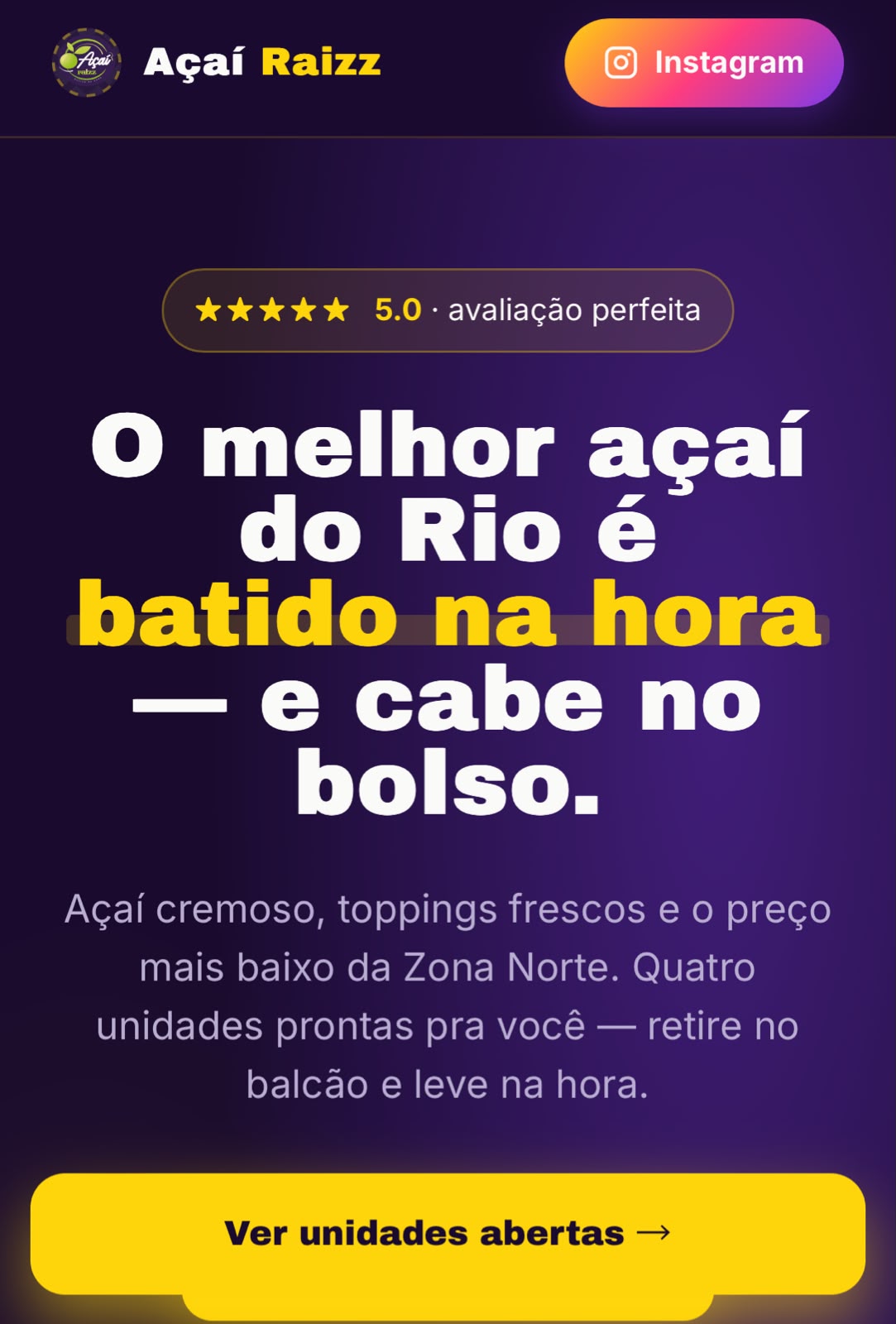 Landing page Açaí Raizz